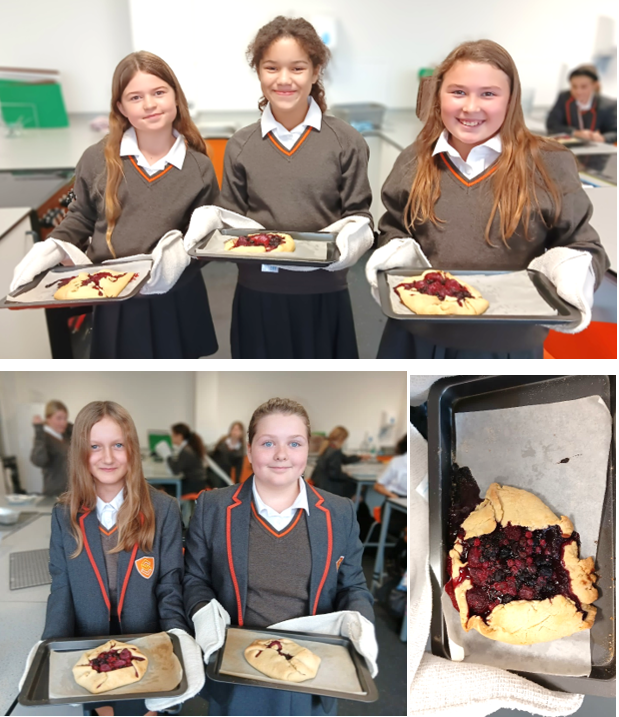 A collage of girls holding trays of pies

Description automatically generated