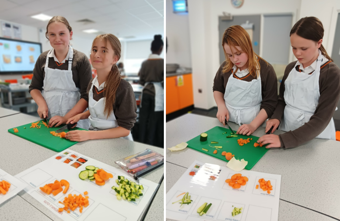 Two girls cutting vegetables in a kitchen

AI-generated content may be incorrect.